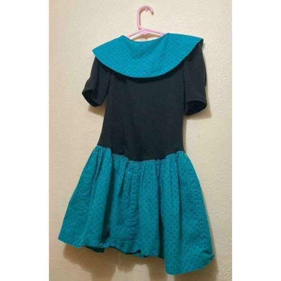 Vintage Amy Too! Black & Teal Collared Button Front Little Girls Dress Size 10 - Picture 2 of 6